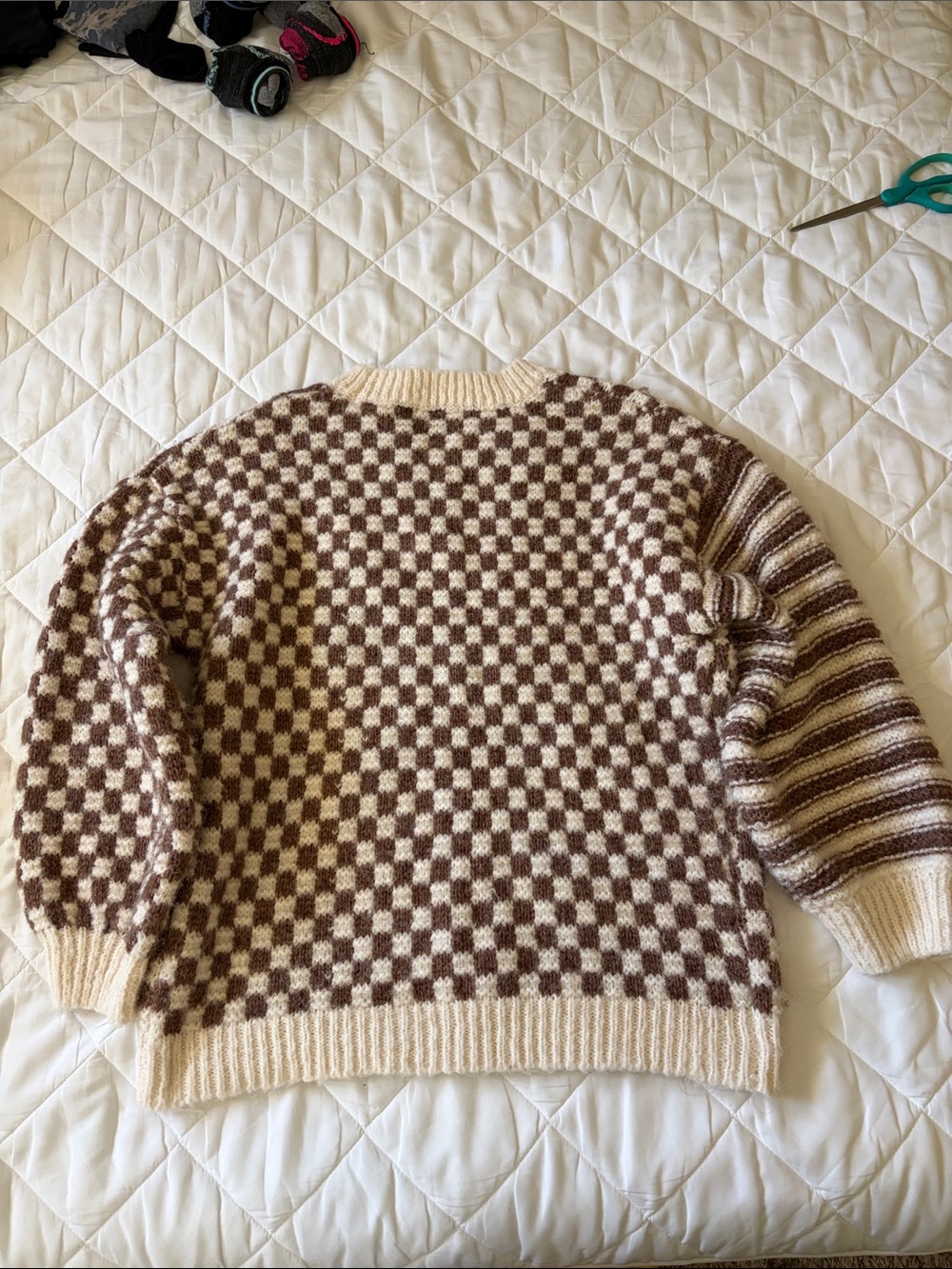 Moon River Cream and Brown Checkerboard & Stripe Knit Sweater - Picture 3 of 3